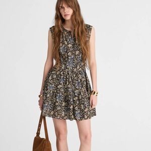 Madewell Gathered Button-Front Mini Dress in Floral XS Black and Blue Floral